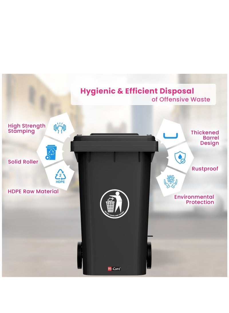 Hi-Care Plastic Garbage Bin 240 Litre with wheel and pedal - Heavy Duty Kitchen Dust Bin Outdoor Recycle Trash Can Large Industrial Waste bin Trash bin (Black)