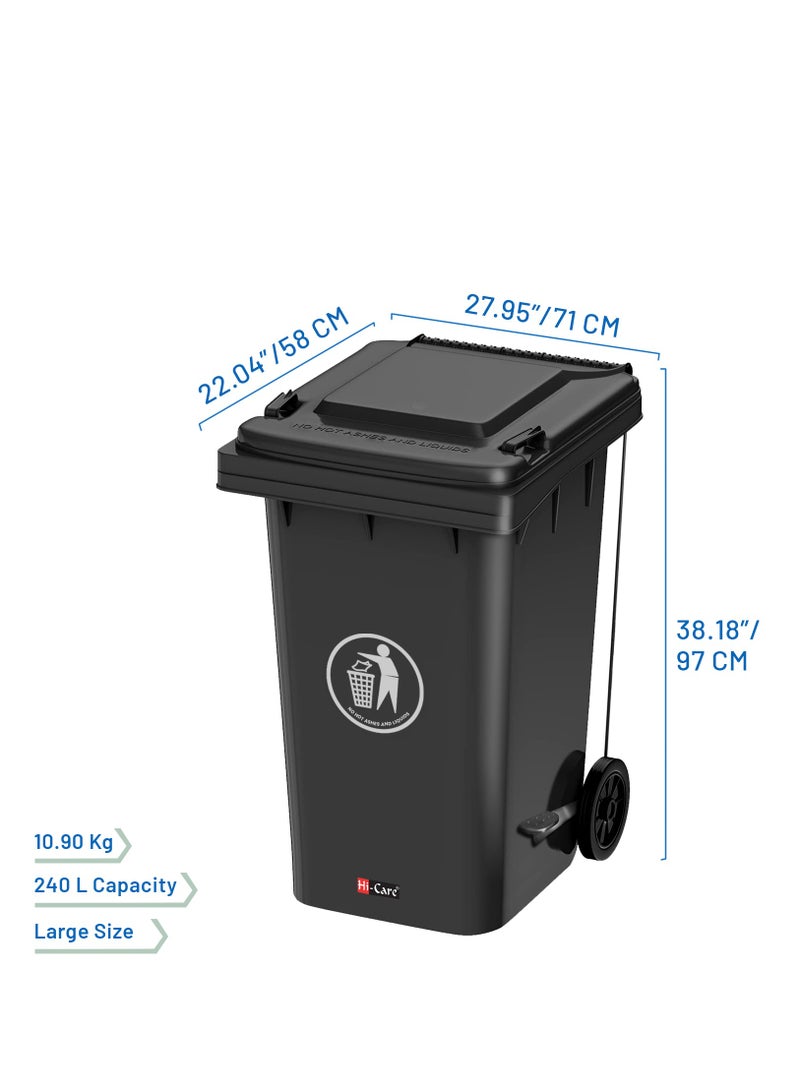 Hi-Care Plastic Garbage Bin 240 Litre with wheel and pedal - Heavy Duty Kitchen Dust Bin Outdoor Recycle Trash Can Large Industrial Waste bin Trash bin (Black)