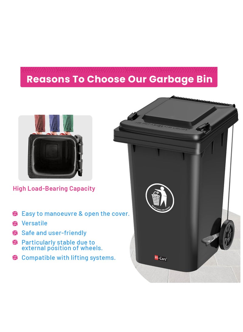 Hi-Care Plastic Garbage Bin 240 Litre with wheel and pedal - Heavy Duty Kitchen Dust Bin Outdoor Recycle Trash Can Large Industrial Waste bin Trash bin (Black)