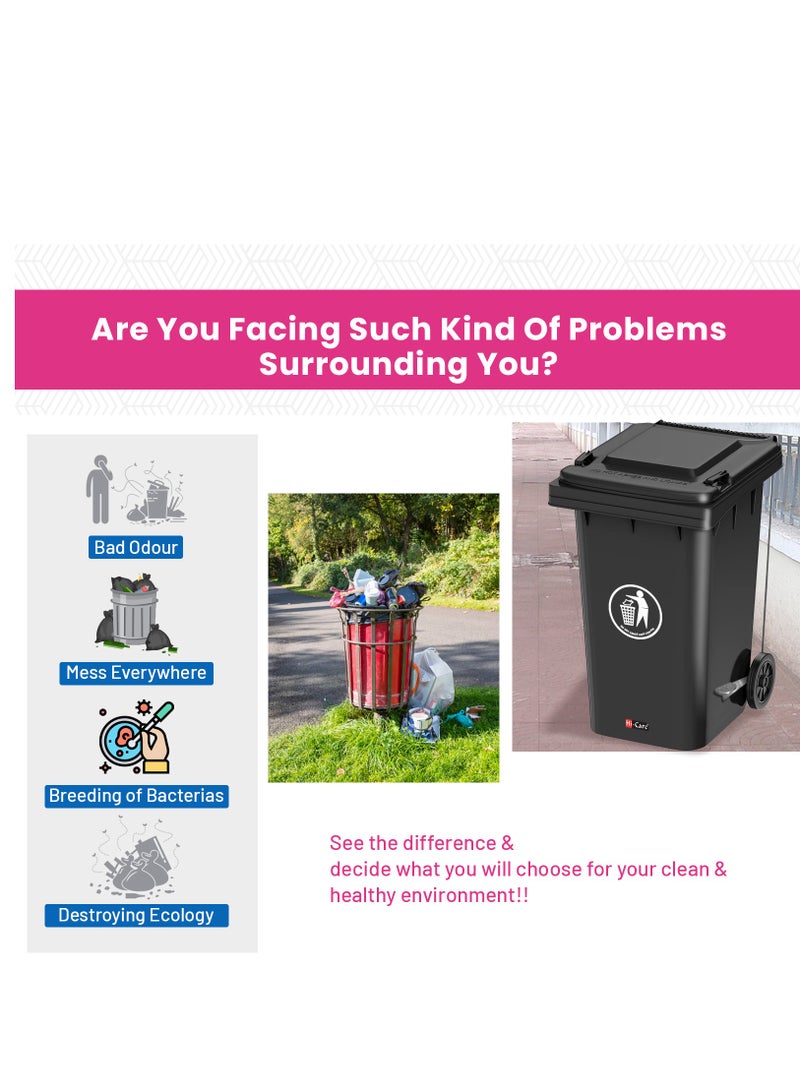 Hi-Care Plastic Garbage Bin 240 Litre with wheel and pedal - Heavy Duty Kitchen Dust Bin Outdoor Recycle Trash Can Large Industrial Waste bin Trash bin (Black)