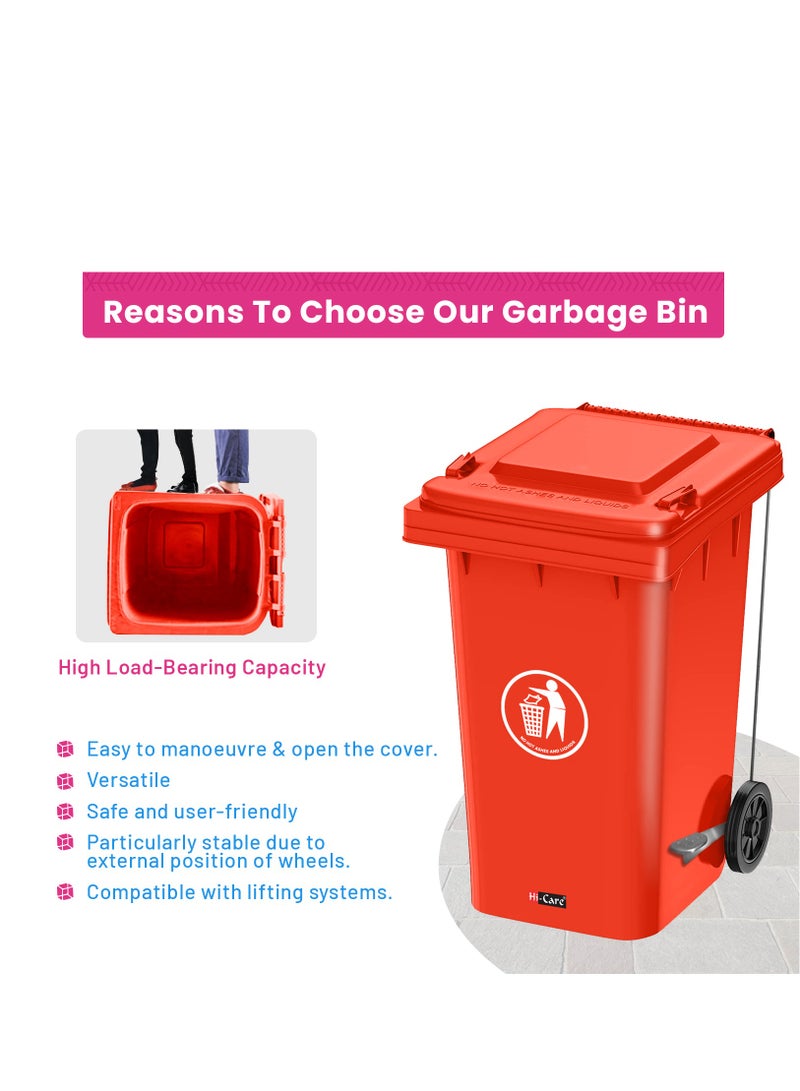 Plastic Garbage Bin 120 Litre with wheel and pedal - Heavy Duty Kitchen Dust Bin Outdoor Recycle Trash Can Large Industrial Waste bin Trash bin (Red)