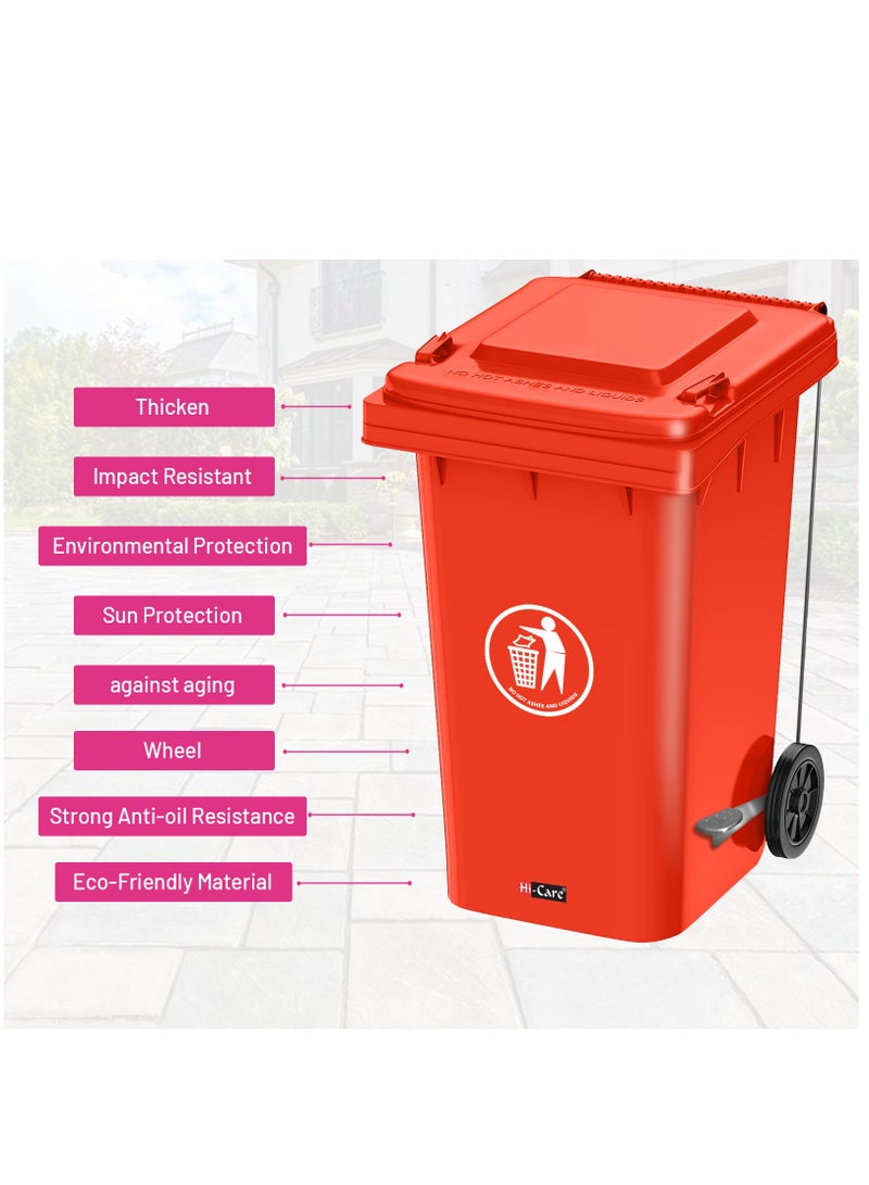 Plastic Garbage Bin 120 Litre with wheel and pedal - Heavy Duty Kitchen Dust Bin Outdoor Recycle Trash Can Large Industrial Waste bin Trash bin (Red)