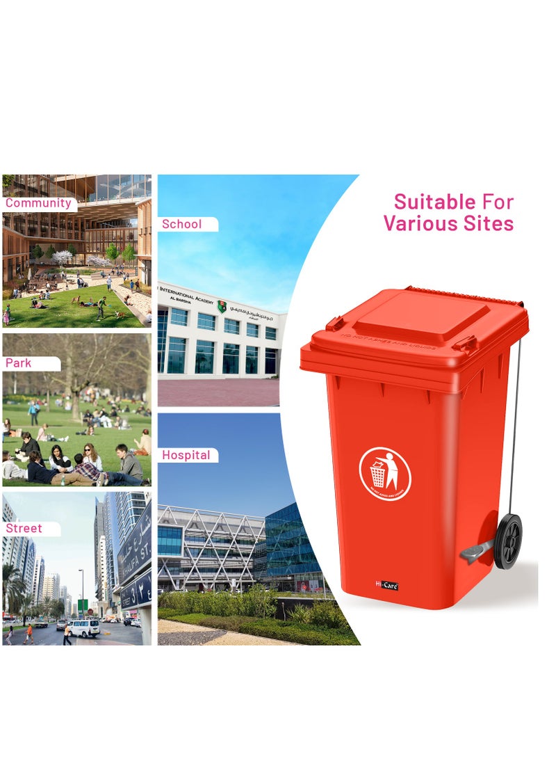 Plastic Garbage Bin 120 Litre with wheel and pedal - Heavy Duty Kitchen Dust Bin Outdoor Recycle Trash Can Large Industrial Waste bin Trash bin (Red)