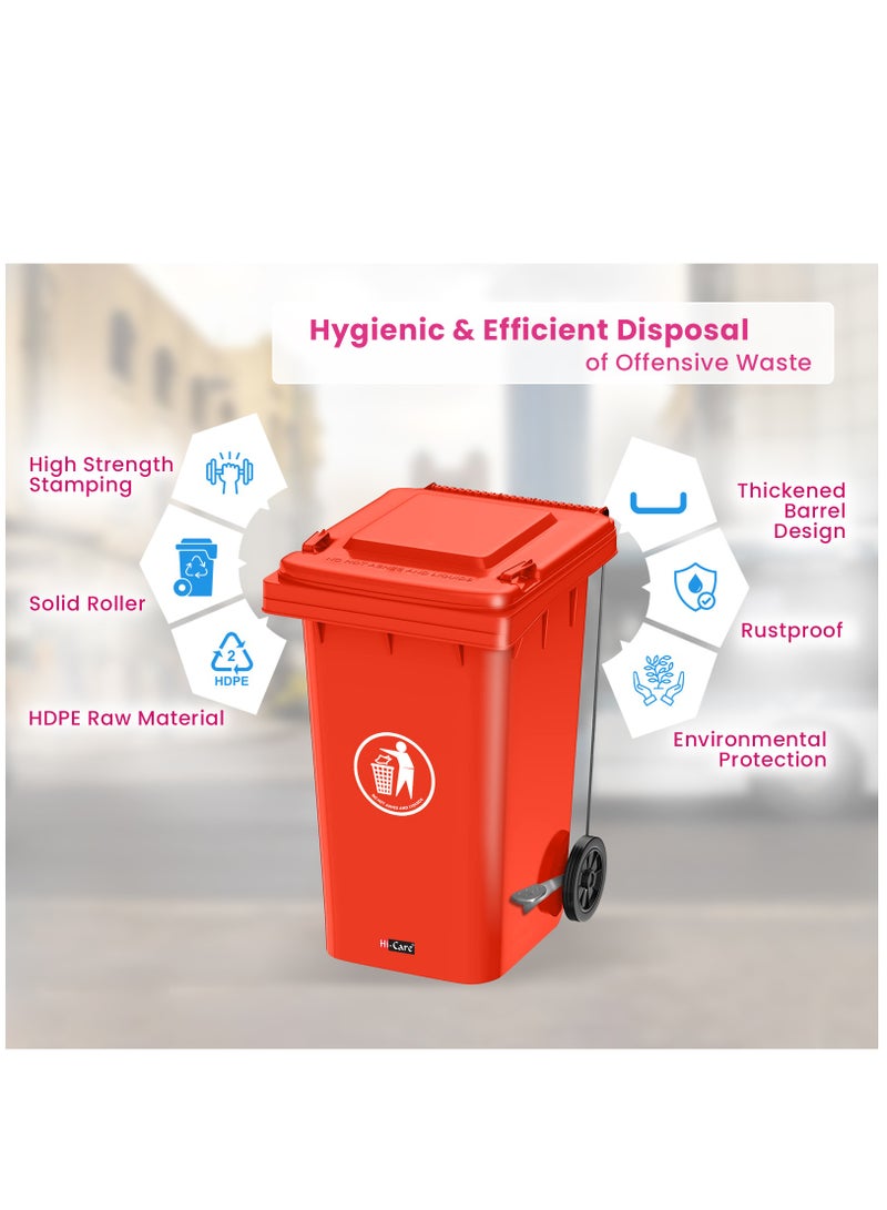 Plastic Garbage Bin 120 Litre with wheel and pedal - Heavy Duty Kitchen Dust Bin Outdoor Recycle Trash Can Large Industrial Waste bin Trash bin (Red)