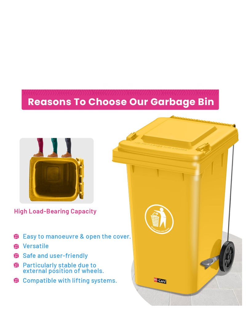 Plastic Garbage Bin 120 Litre with wheel and pedal - Heavy Duty Kitchen DustBin Outdoor Recycle Trash Can Large Industrial Waste bin Trash bin (Yellow)