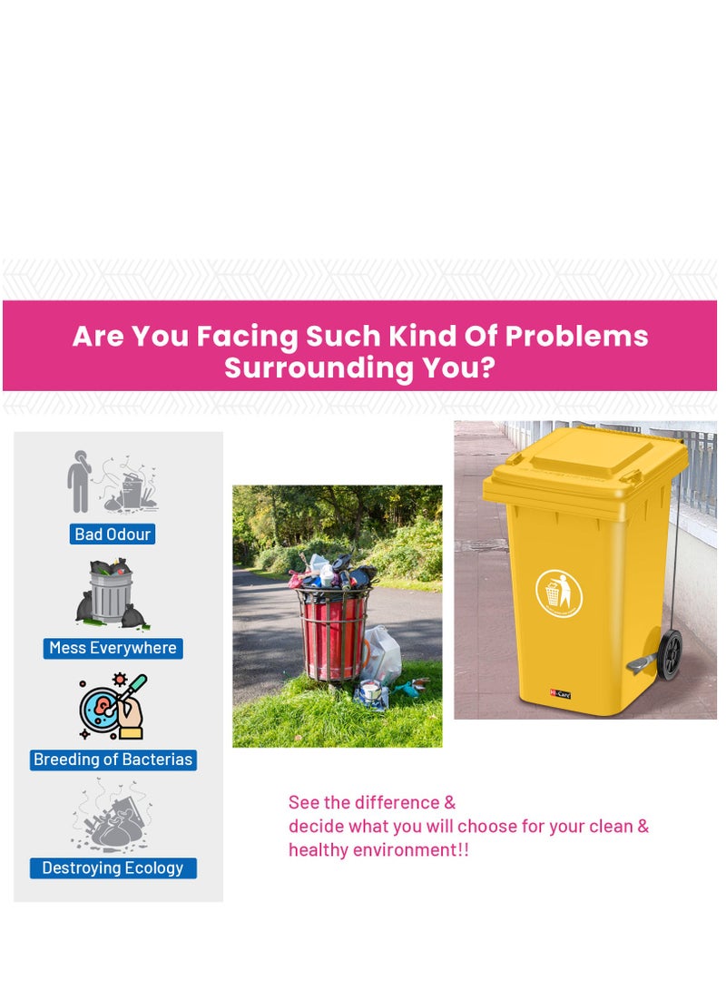 Plastic Garbage Bin 120 Litre with wheel and pedal - Heavy Duty Kitchen DustBin Outdoor Recycle Trash Can Large Industrial Waste bin Trash bin (Yellow)