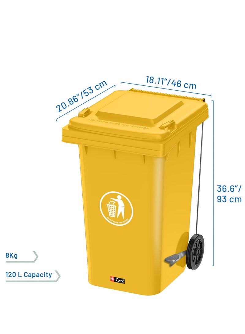 Plastic Garbage Bin 120 Litre with wheel and pedal - Heavy Duty Kitchen DustBin Outdoor Recycle Trash Can Large Industrial Waste bin Trash bin (Yellow)