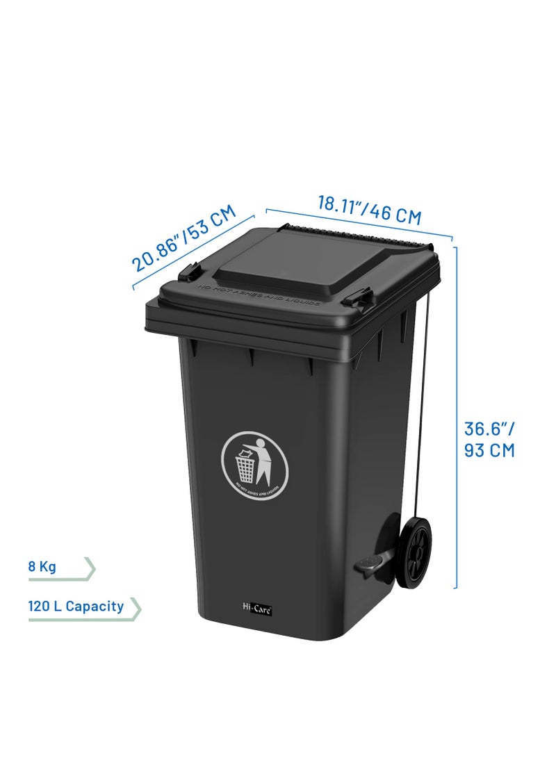 Plastic Garbage Bin 120 Litre with wheel and pedal - Heavy Duty Kitchen DustBin Outdoor Recycle Trash Can Large Industrial Waste bin Trash bin (Black)