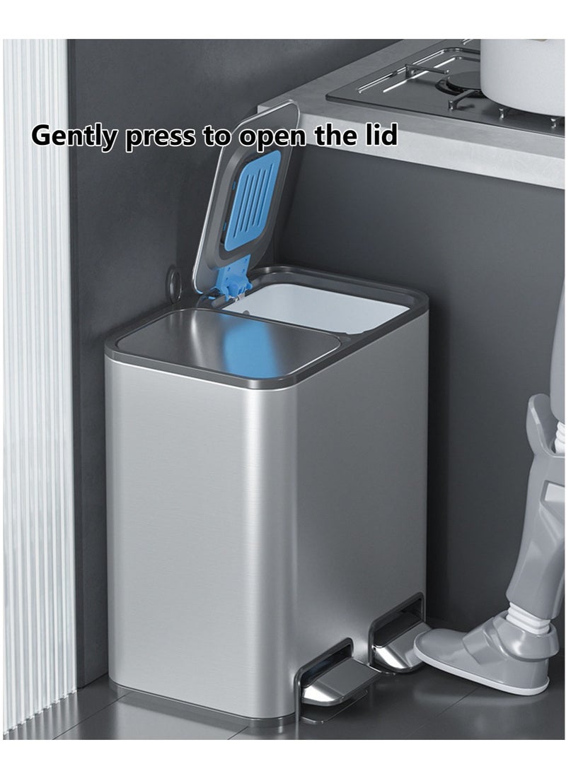 8L Dual Trash and Recycling Bin, Fingerprint Proof Stainless Steel Kitchen Garbage Can with Removable Inner Bucket and Double Lid, Pedal Trash Bin for Kitchen Home Office