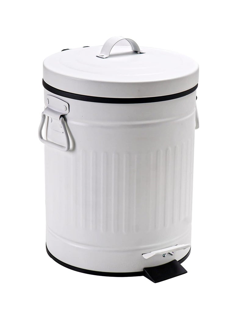 Small Trash Can with Lid Soft Close 5L/1.3 Gal-Steel Round Step Trash Can-Dog Poop Garbage Can for Outdoors-Retro Vintage Metal Wastebasket w/Pedal for Bathroom Bedroom Office-White