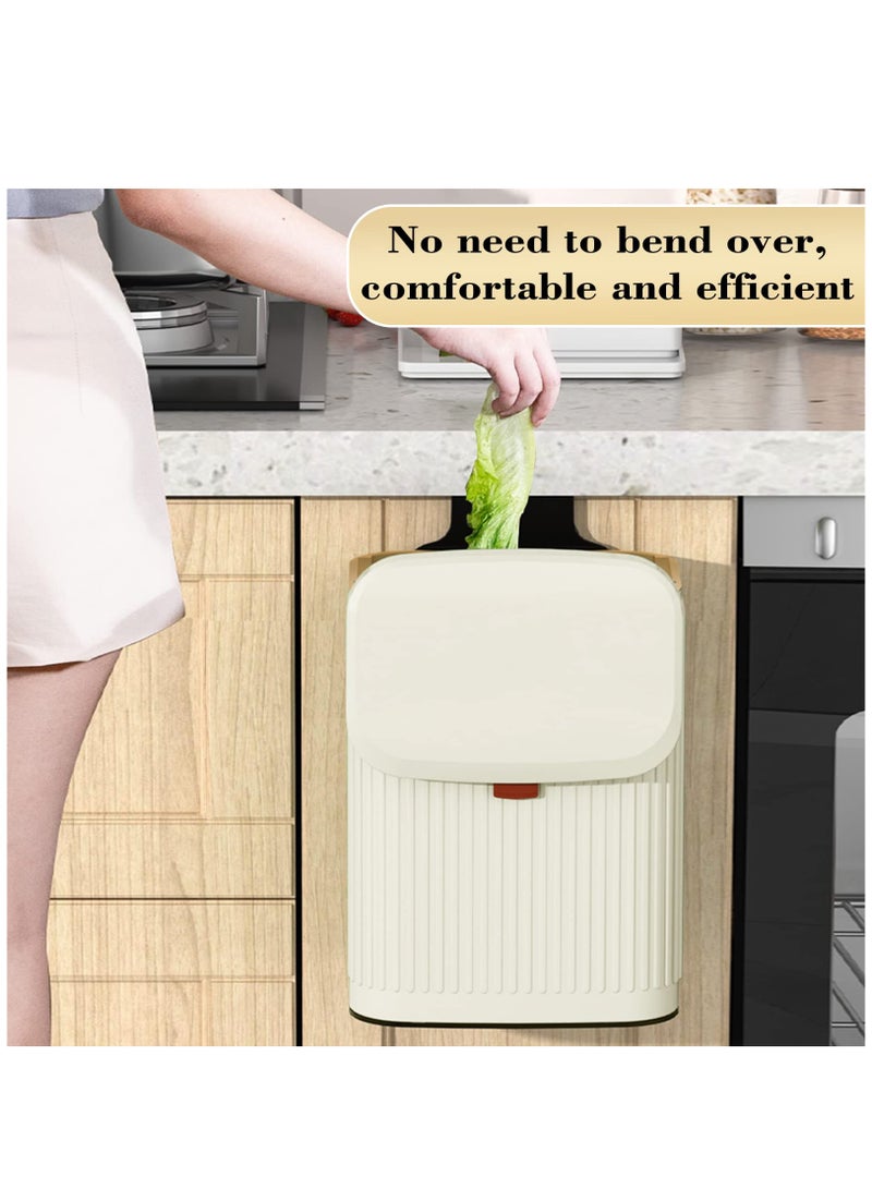 Kitchen Hanging Trash Can with Lid, 2.1 Gallon Stainless Steel Trash Can Compost Bin, Wall-Mount Indoor Kitchen Trash Bin for Cabinet, Under Sink, Bathroom (2.1 Gallon, 8L Ivory White)