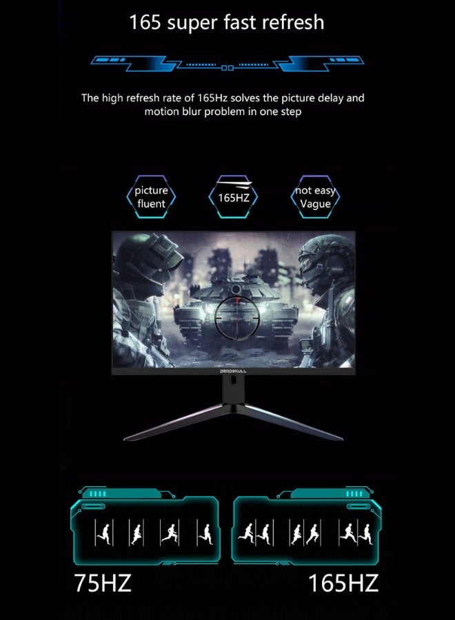 27 Inch Gaming Monitor, Pane IPS, 165Hz Refresh Rate, 1ms Response Time, AMD FreeSync (NVIDIA G-Sync Compatible) Flat screen with lifting base.