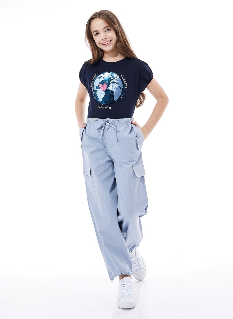 Cargo Pants and T-Shirt Set for Girls (Navy/Blue, 6-12 YRS)