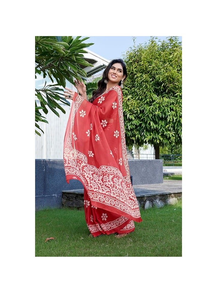 Women's Latest Chiffon Batik Printed Saree with Blouse Piece