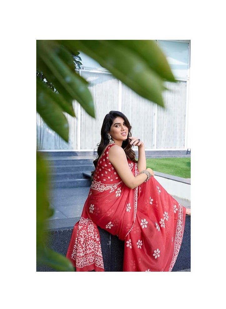 Women's Latest Chiffon Batik Printed Saree with Blouse Piece