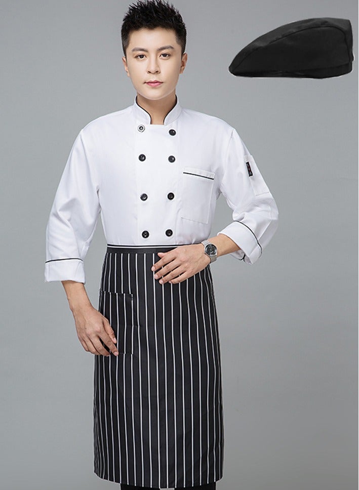 Chef Uniform Apron Suit Long Sleeves with a Hat Suitable For Hotel Western Restaurant White