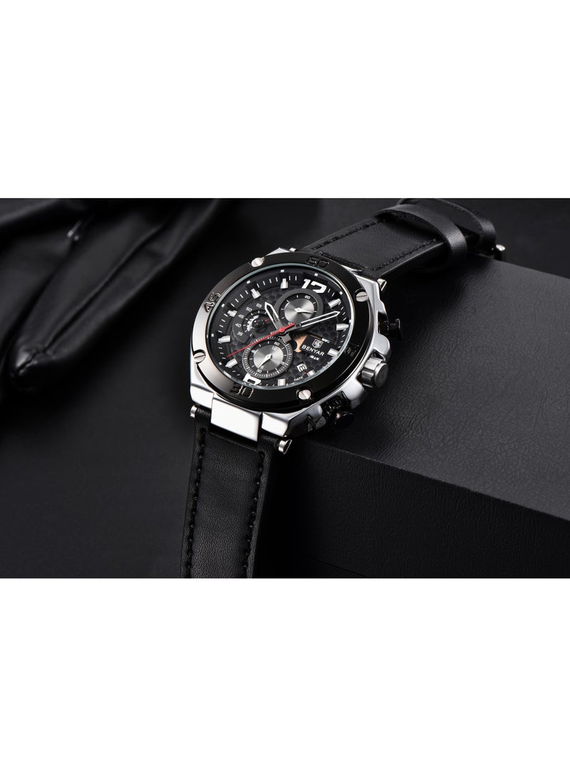 Watches for Men Luxury Quartz Water Resistant Watch Men's Chronograph Genuine Leather Strap 5151