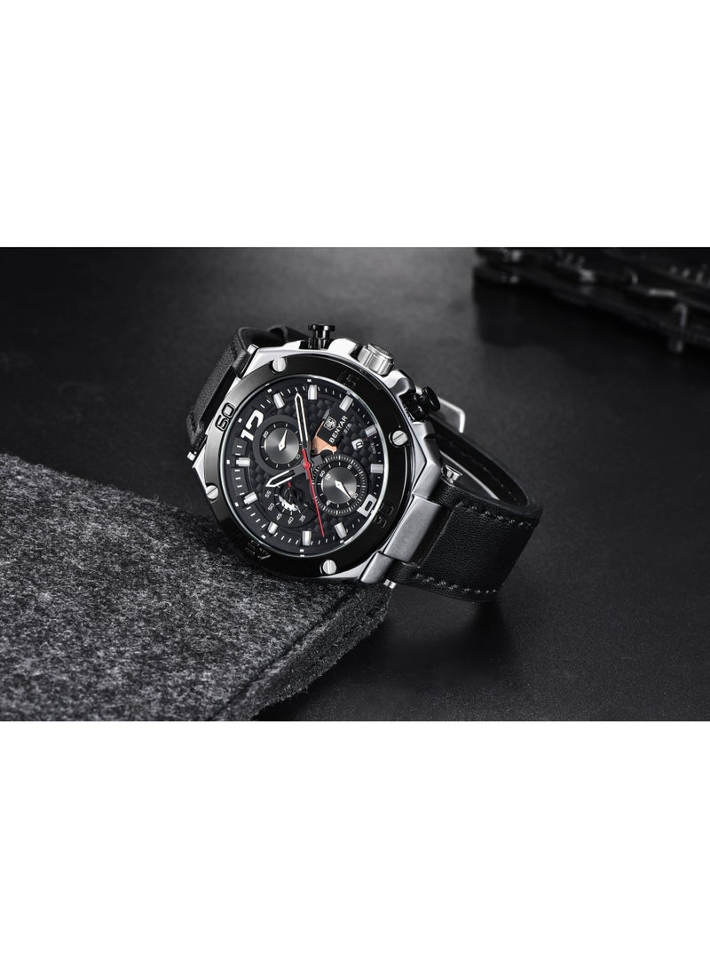 Watches for Men Luxury Quartz Water Resistant Watch Men's Chronograph Genuine Leather Strap 5151