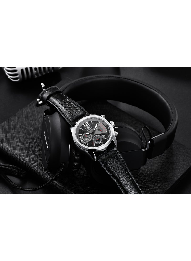 Watches for Men Luxury Quartz Water Resistant Watch Men's Chronograph Genuine Leather Strap 5171 Black