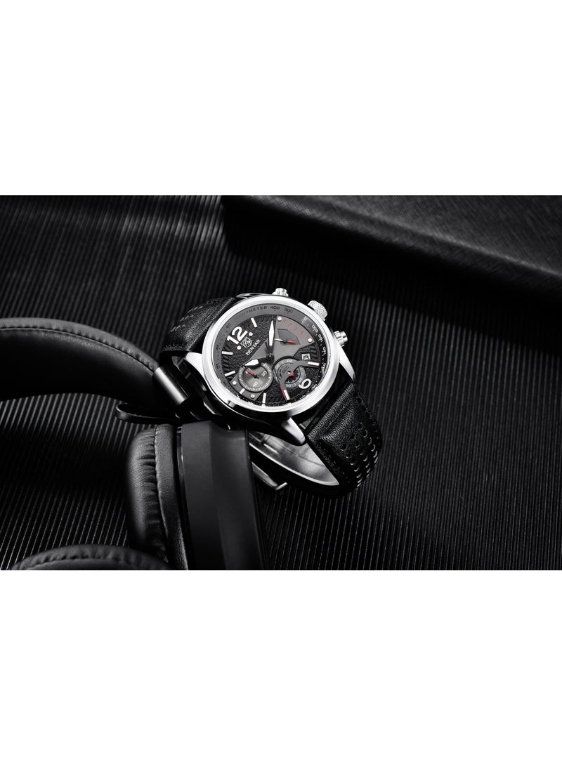 Watches for Men Luxury Quartz Water Resistant Watch Men's Chronograph Genuine Leather Strap 5171 Black