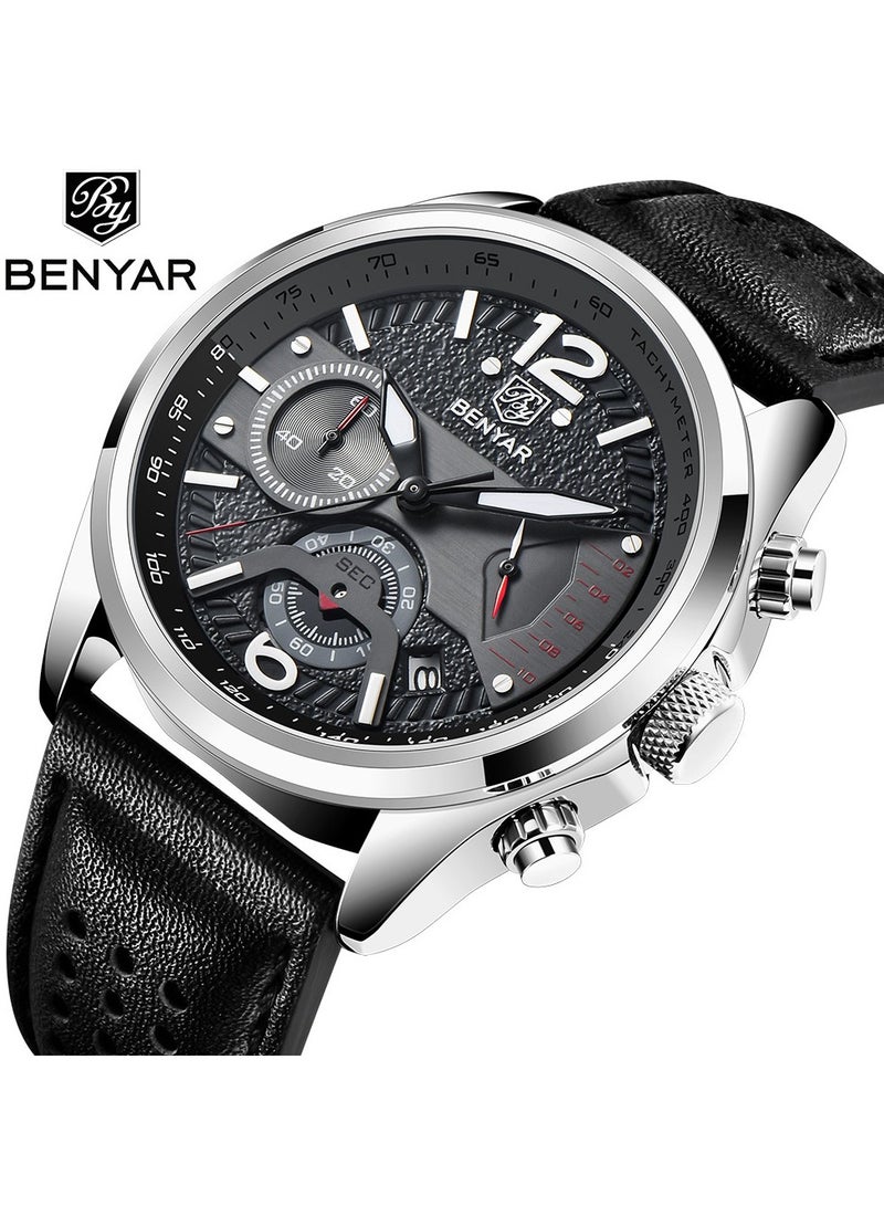 Watches for Men Luxury Quartz Water Resistant Watch Men's Chronograph Genuine Leather Strap 5171 Black