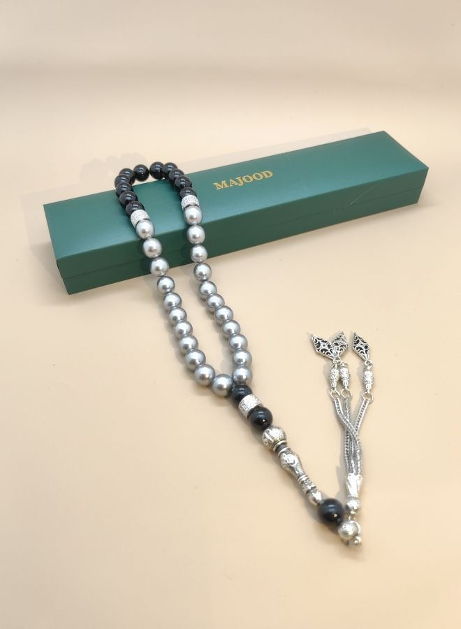 Original Design/33 Natural Mother Of Fritary Pearls With Natural Agate Prayer Beads/Tasbih/10mm