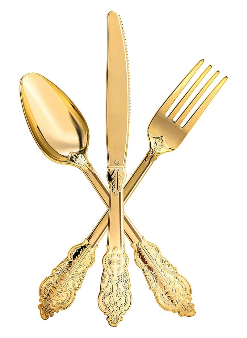 60-Piece Gold Plastic Silverware Set - Heavyweight Disposable Utensils with 20 Forks, 20 Knives, and 20 Spoons - Elegant Flatware for Vintage Weddings, Anniversaries, and Parties.