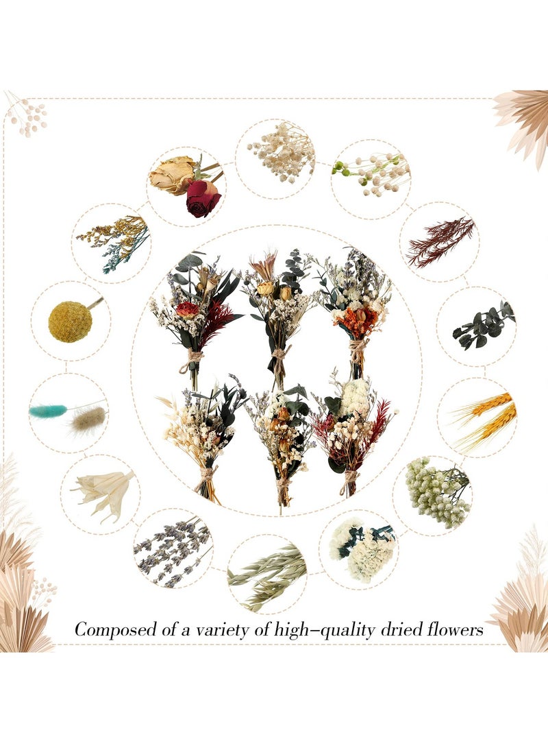 Boho Dried Flower Bouquets - 6 Pcs Mini Natural Real Plants for Wedding Table Centerpieces, Bridesmaid Gifts, Flower Girl Presents, Birthday Decor, and Cake Bottle Decorations.