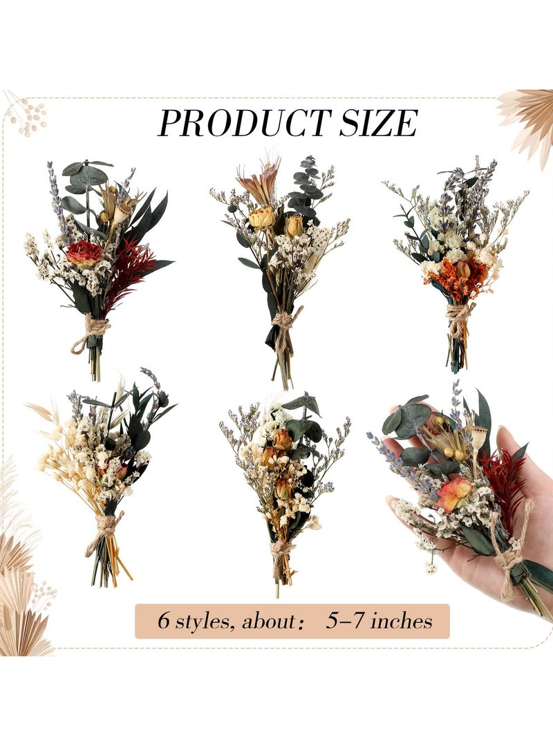 Boho Dried Flower Bouquets - 6 Pcs Mini Natural Real Plants for Wedding Table Centerpieces, Bridesmaid Gifts, Flower Girl Presents, Birthday Decor, and Cake Bottle Decorations.