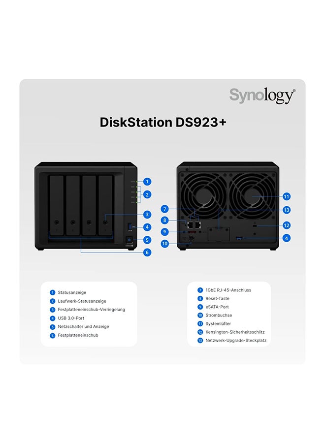 DS923+ 4-Bay Diskstation NAS (AMD Ryzen™ 4 Threads R1600 Dual-Core 4GB Ram 2xRJ-45 1GbE LAN-Port) 32TB Bundle with 4X 8TB Seagate IronWolf Black
