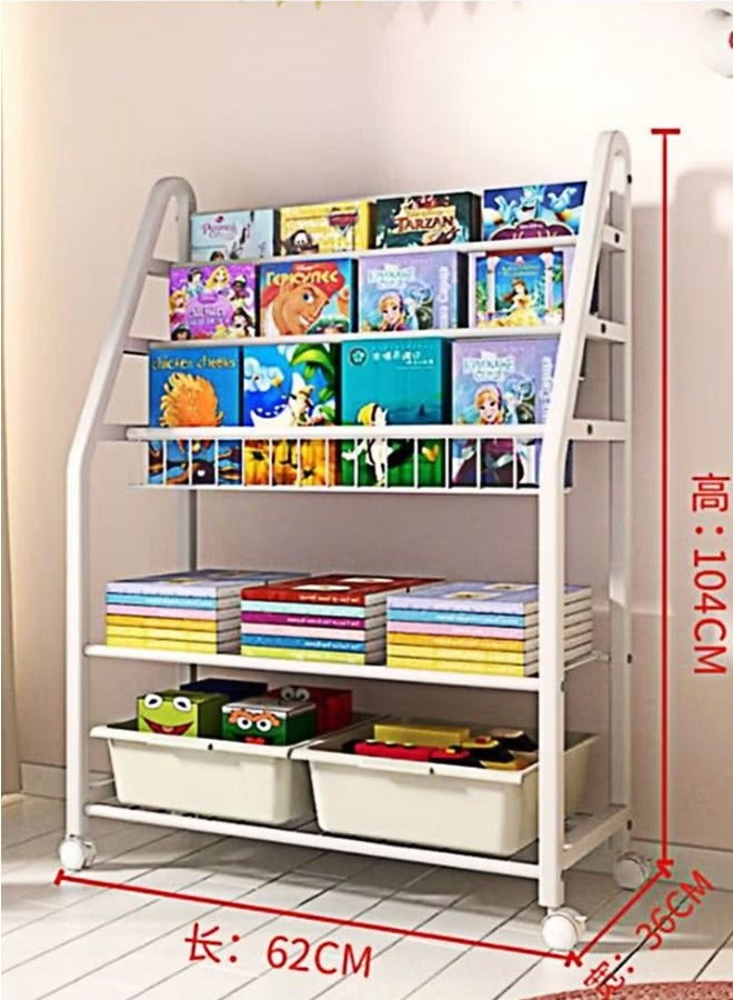 Children's Iron Book Shelf Children's Toy Storage Rack Plus Bottom Layer 2 Storage Boxes  White