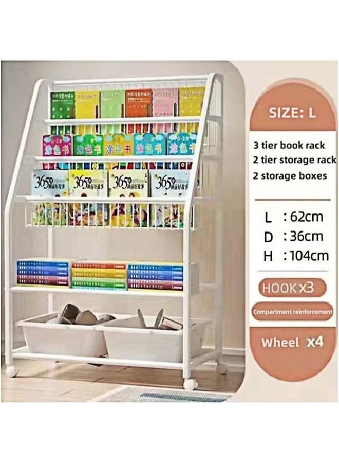 Children's Iron Book Shelf Children's Toy Storage Rack Plus Bottom Layer 2 Storage Boxes  White