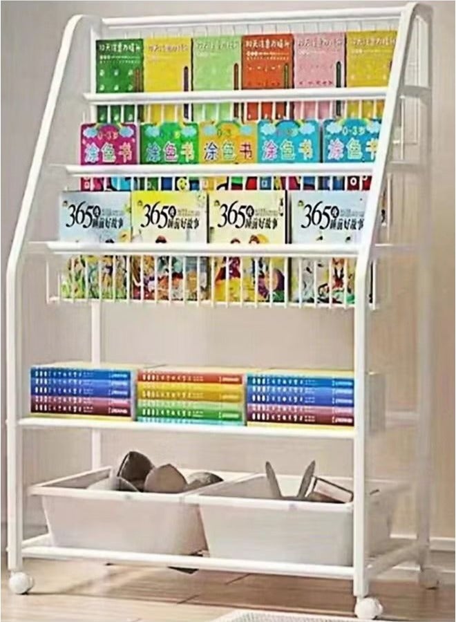 Children's Iron Book Shelf Children's Toy Storage Rack Plus Bottom Layer 2 Storage Boxes  White