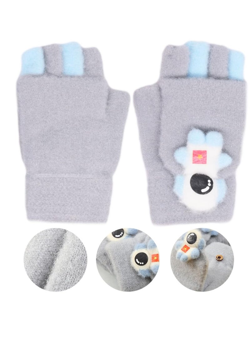 Kids Winter Gloves 2 Pairs Knitted Mitten Gloves Fingerless Winter Warm Cartoon Stretchy Gloves for Children Aged 4-12