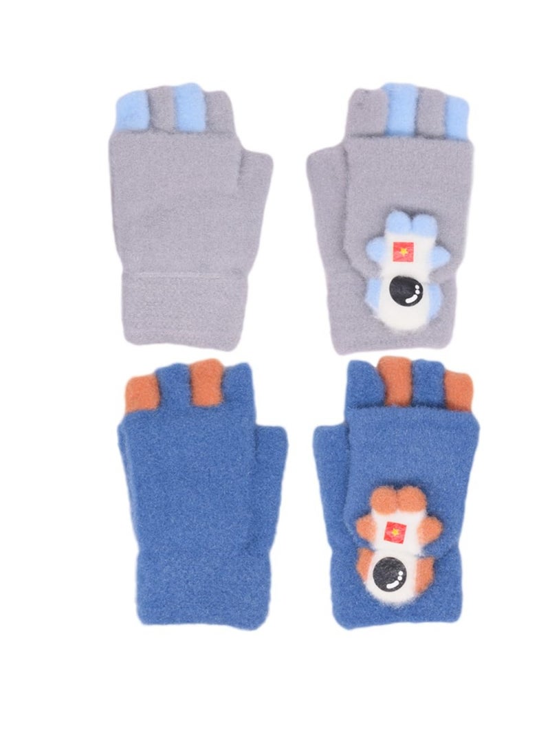 Kids Winter Gloves 2 Pairs Knitted Mitten Gloves Fingerless Winter Warm Cartoon Stretchy Gloves for Children Aged 4-12