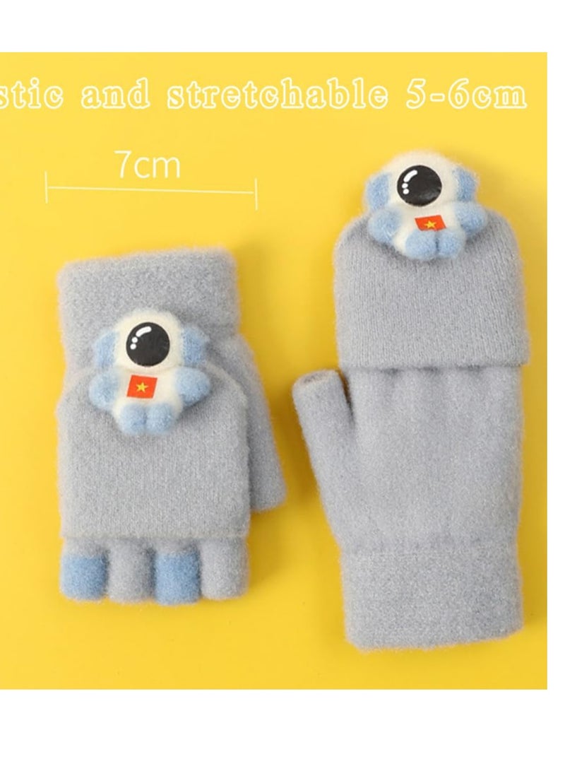 Kids Winter Gloves 2 Pairs Knitted Mitten Gloves Fingerless Winter Warm Cartoon Stretchy Gloves for Children Aged 4-12