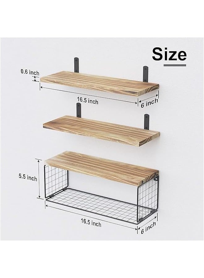 Rustic Floating Bathroom Shelf with Wire Basket - Wall Mounted Toilet Storage
