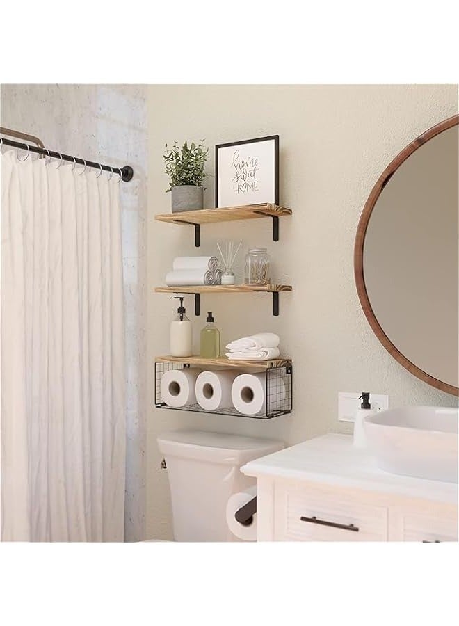 Rustic Floating Bathroom Shelf with Wire Basket - Wall Mounted Toilet Storage