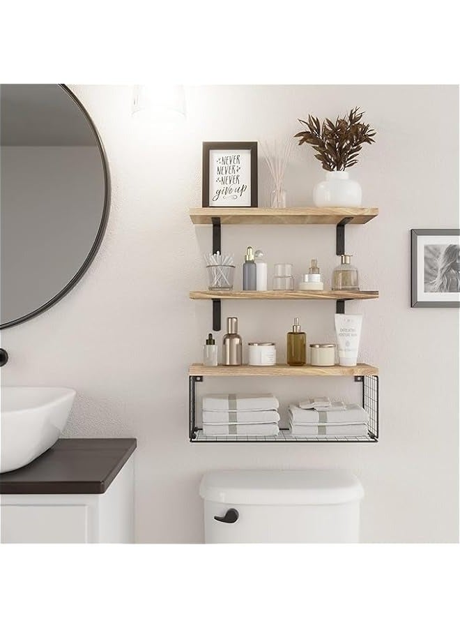 Rustic Floating Bathroom Shelf with Wire Basket - Wall Mounted Toilet Storage