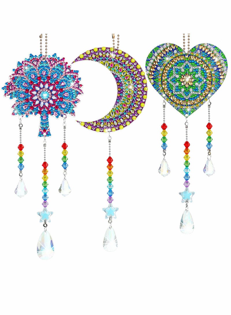 Diamond Painting Pendant Kids, Double Sided Crystal Gem Paint by Number Stereoscopic Hanging Ornaments, Wind Chime Moon Heart Mandala for Home Garden Adults Kids (3 Pcs)