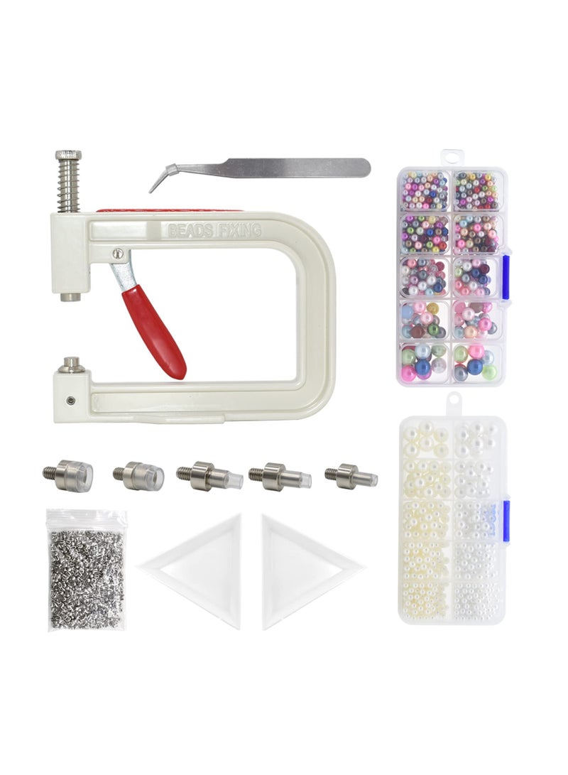 Pearl Setting Machine with Hand Press Tools, 5 Sizes of Colorful No-Hole Round Pearl Beads and Rivet Studs, Ideal for DIY Accessories on Hats, Clothes, and Skirts.