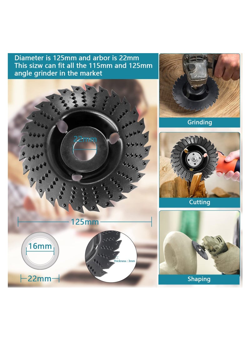 Wood Grinding Wheel, 125 mm Wood Carving Disc Wood Cutting Wheel, Angle Grinder Disc Carving Disc, Inner Diameter 16mm, With 22mm-16mm converter