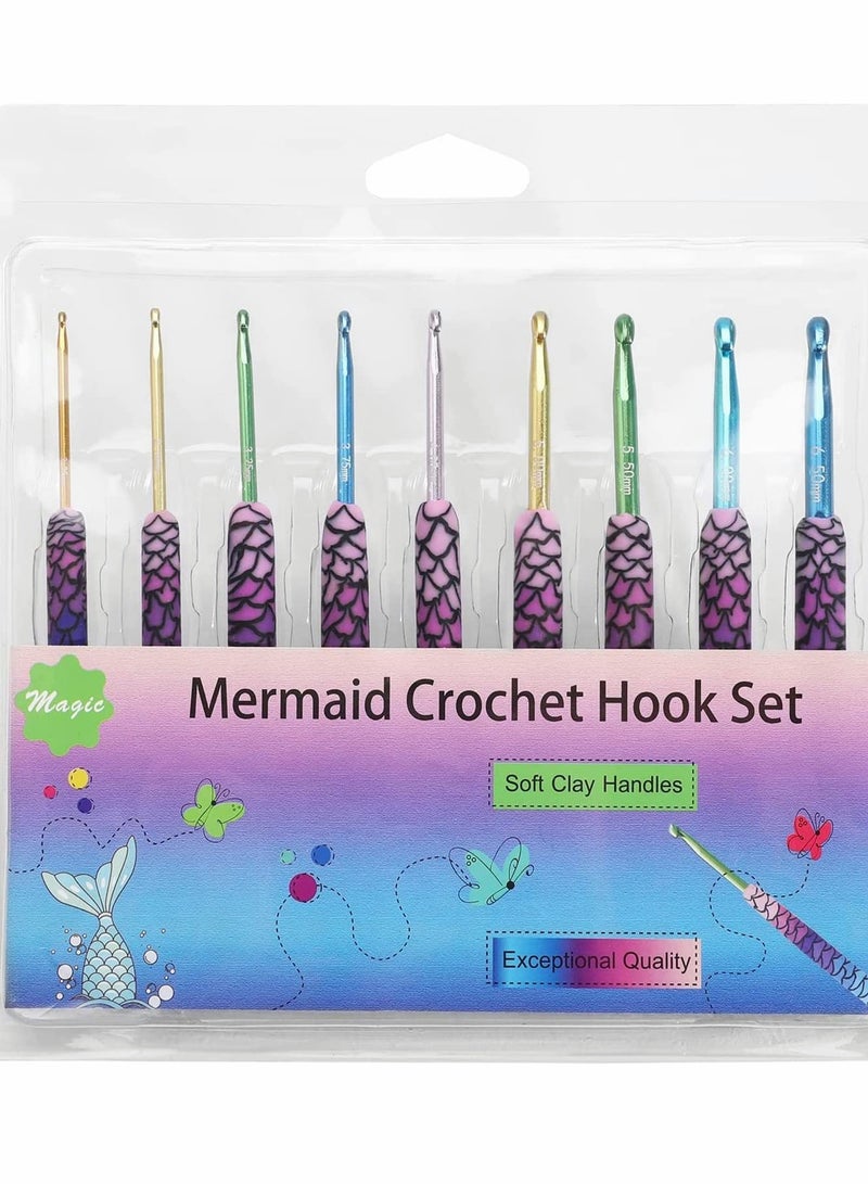 Crochet Hooks Set with 9 Colorful Handles, Mermaid Design, 2.0,6.0mm for Beginners, Perfect Knitting Supplies