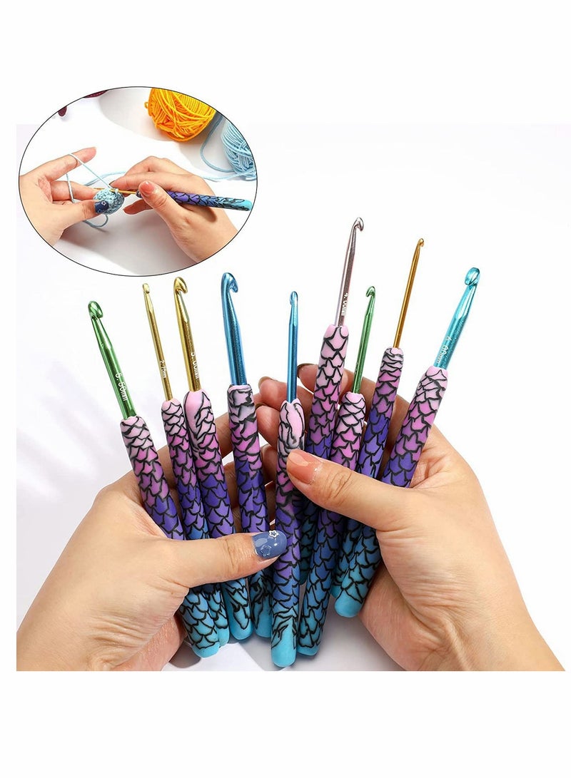 Crochet Hooks Set with 9 Colorful Handles, Mermaid Design, 2.0,6.0mm for Beginners, Perfect Knitting Supplies