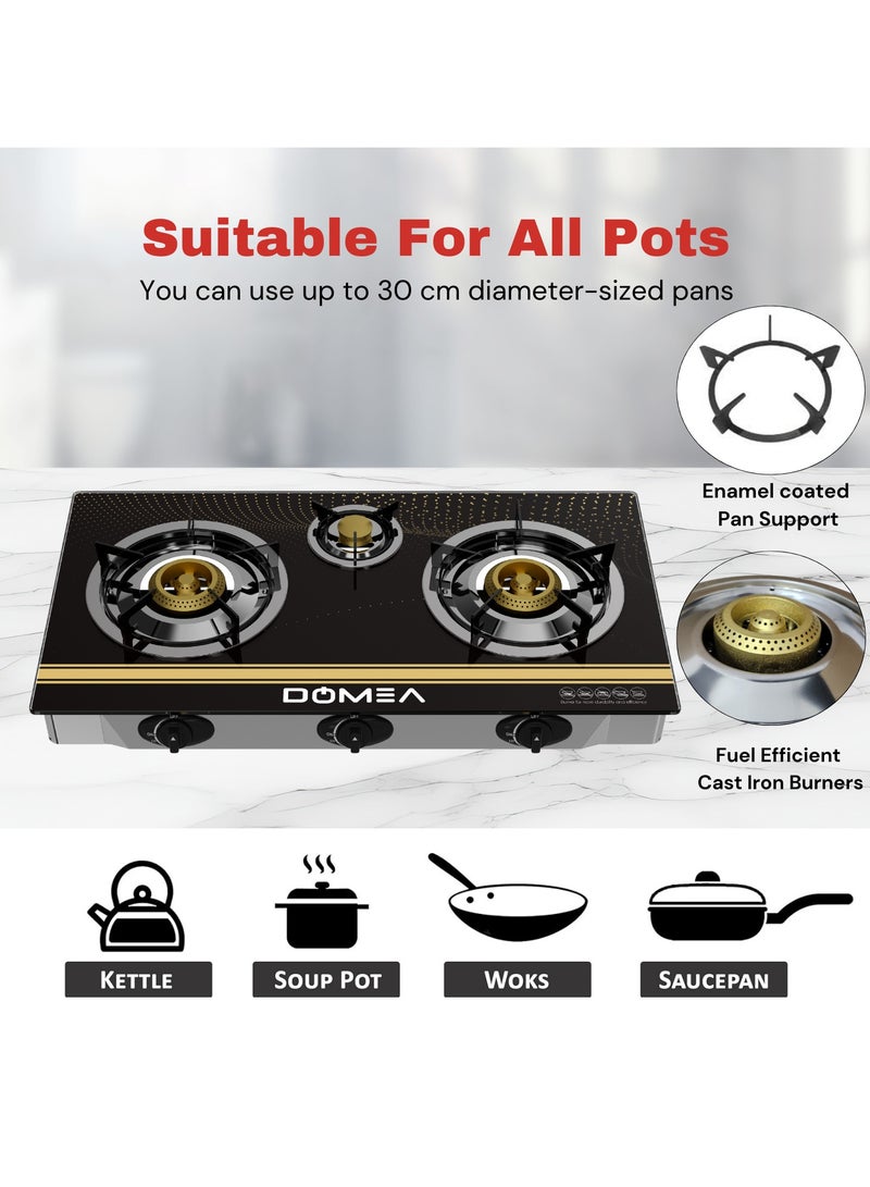 Gas Burner With Auto Ignition | 3 Burners Stove With Convenient Pot Holders, Tempered Glass Top, Cast Iron Burner| Perfect For Home, Apartments, Parties, Outdoor Camping | Table Top, Portable