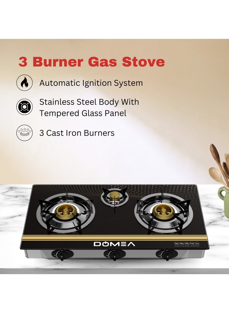 Gas Burner With Auto Ignition | 3 Burners Stove With Convenient Pot Holders, Tempered Glass Top, Cast Iron Burner| Perfect For Home, Apartments, Parties, Outdoor Camping | Table Top, Portable