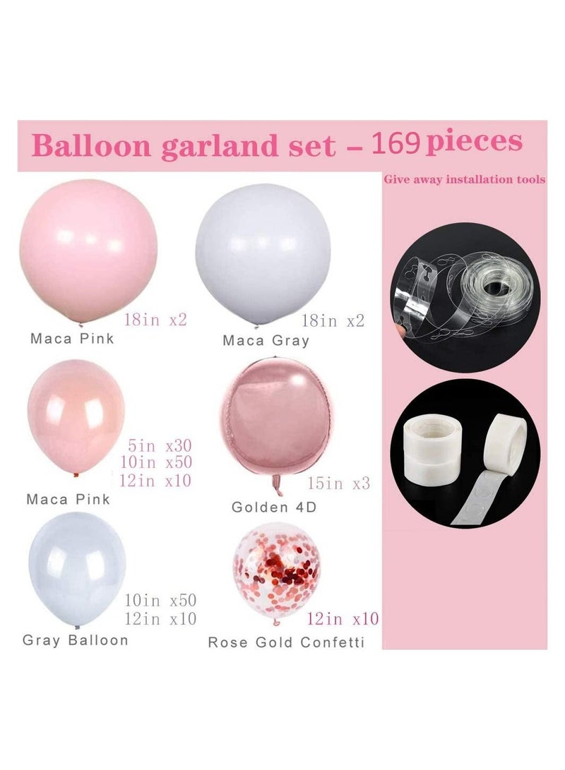 Balloon Garland Arch Kit Comes 169 Pcs 5 To 18 Inches Macaron Pastel Colorful Thicken Used for Wedding Decoration Birthday Party Baby Shower Supplies (Pink-Gray)