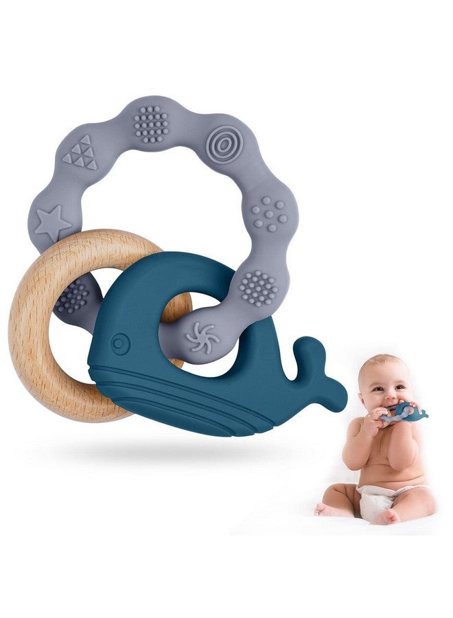 Baby Teether Toys Silicone & Natural Wood Teether Ring Baby Teething Toys For Babies 3 Months+ Silicone Chewable Rings For Newborn Gift（Blue）