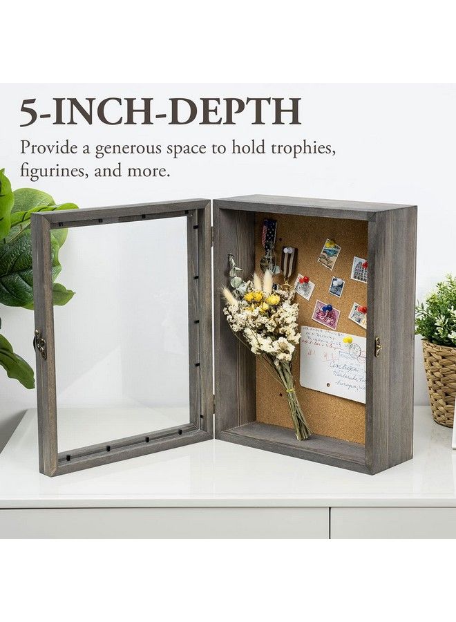 11X14 Vintage Gray Solid Wood Shadow Box With Cork Board Backing Wall Mounted Display Case With Clear Acrylic Front Window Panel Metal Handle And Latch