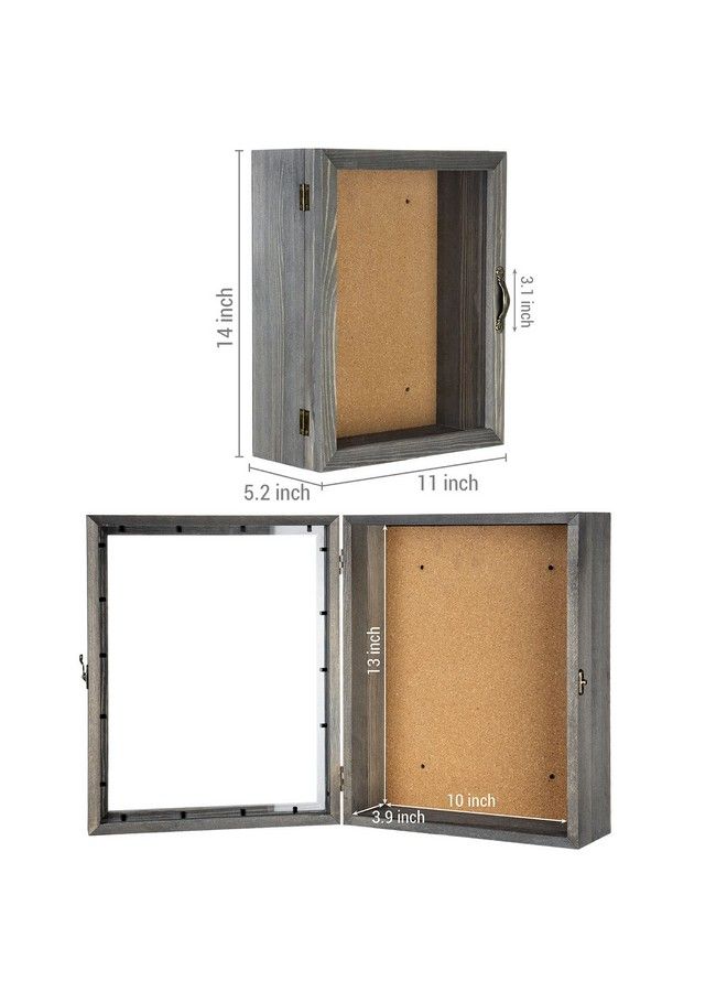 11X14 Vintage Gray Solid Wood Shadow Box With Cork Board Backing Wall Mounted Display Case With Clear Acrylic Front Window Panel Metal Handle And Latch